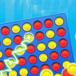 青いボードに赤と黄色のコマが並べられ、斜めに連結している様子。