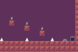 紫色の背景に3つのブロックの上にキャラクターが立ち並び、下にはとげとトラップが配置されている。