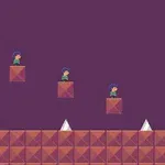 紫色の背景に3つのブロックの上にキャラクターが立ち並び、下にはとげとトラップが配置されている。