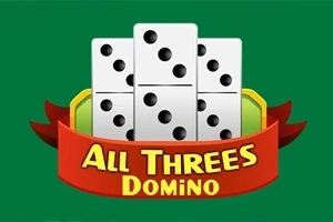 緑色の背景に、ドミノ駒が積み重なり、下に赤いリボンに「All Threes Domino」と書かれている。