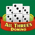 緑色の背景に、ドミノ駒が積み重なり、下に赤いリボンに「All Threes Domino」と書かれている。