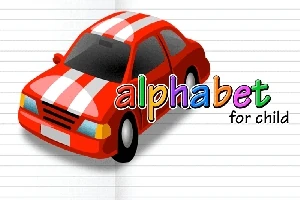 赤い車と「alphabet for child」というテキストが白いノート上に描かれているイラスト。