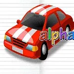 赤い車と「alphabet for child」というテキストが白いノート上に描かれているイラスト。