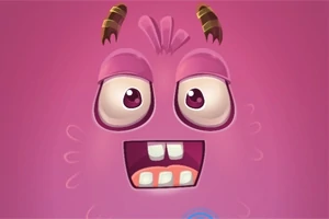 ピンクの背景に、大きな目と歯を持つコミカルなキャラクターの顔。