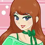 アニメ風の女性キャラクターが緑色の服とリボンを身に着けて微笑んでいるイラスト。