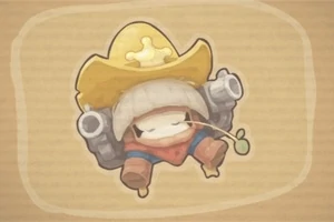カウボーイハットをかぶり、両手に大きな銃を構えたキャラクターのイラスト。