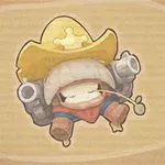 カウボーイハットをかぶり、両手に大きな銃を構えたキャラクターのイラスト。