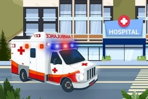 救急車が病院の前を走るイラスト。