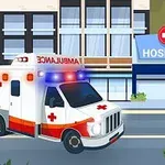 救急車が病院の前を走るイラスト。