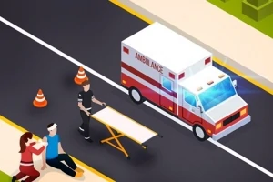 救急車の前に救急隊員がストレッチャーを運び、歩道には頭に包帯を巻いた人が座っている。