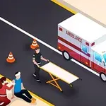 救急車の前に救急隊員がストレッチャーを運び、歩道には頭に包帯を巻いた人が座っている。