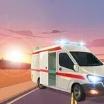 夕焼けの中、道路上に停車しているライトが点灯した救急車。