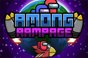 アニメ風のキャラクターとロケットが地球の前に配置され、中央に「AMONG RAMPAGE」という文字が描かれたデザイン。