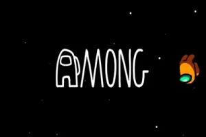 黒い背景に「AMONG」という白い文字と、オレンジ色のキャラクターが描かれている画像。