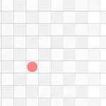白いグリッド背景の上に赤い円と三つの灰色の円が並んでいる。