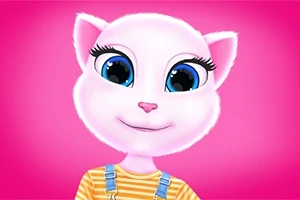 ピンクの背景に大きな青い目を持つ白い猫のキャラクター。