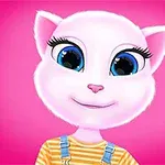 ピンクの背景に大きな青い目を持つ白い猫のキャラクター。