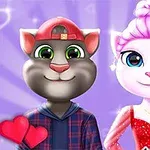 帽子をかぶった黒い猫と赤いドレスを着た白い猫が並んでいるイラスト。