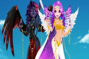 紫色の髪を持つ白い翼の天使と黒い翼の悪魔の女性が、青空を背景に並んで立っているイラスト。