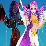 紫色の髪を持つ白い翼の天使と黒い翼の悪魔の女性が、青空を背景に並んで立っているイラスト。