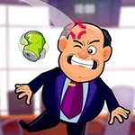 スーツを着た男性が頭に空き缶をぶつけられ、怒っているアニメーション画像。