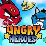 3つの怒っている動物キャラクターが雲の中に描かれており、「ANGRY HEROES」という文字が中央にあるイラスト。