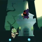 フードを被ったキャラクターが塔に立ち、二体のゾンビが左右にいる夜の場面。