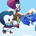 雪の背景に、ペンギンがレーザー銃を持ち、もう一羽のペンギンが空を飛び、氷の怪物に対峙している。