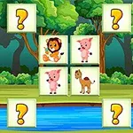 川の前に動物のイラストが描かれたマス目と疑問符のついたマス目が並んでいる。