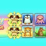 水色の背景に、パグ、ペンギン、タコ、ヒョウ、カンガルーの動物イラストが並んでいる。