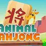 キリンが描かれた麻雀の駒と「ANIMAL MAHJONG」の文字が背景の岩場と木々と共に描かれています。
