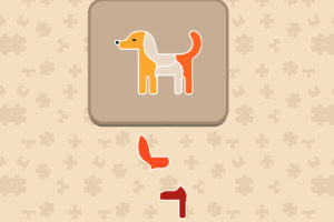 ベージュの背景に、オレンジと白の犬のイラストとその下に組み合わせるパズルピースが描かれています。