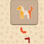 ベージュの背景に、オレンジと白の犬のイラストとその下に組み合わせるパズルピースが描かれています。