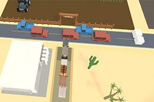 道路を横断する動物たちとその上を走る車が描かれたシンプルな砂漠の風景。