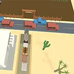 道路を横断する動物たちとその上を走る車が描かれたシンプルな砂漠の風景。