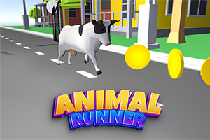 道路を走る牛と金色のコインの前に「ANIMAL RUNNER」と書かれた文字。