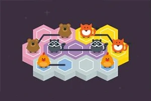 カラフルな六角形の上に動物のキャラクターが配置され、線でつながれているイラスト。