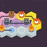 カラフルな六角形の上に動物のキャラクターが配置され、線でつながれているイラスト。