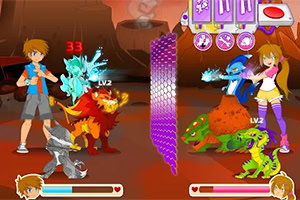 2人のキャラクターとそれぞれのモンスターが戦っているシーン。