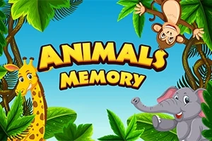 ジャングルを背景に、キリン、サル、ゾウのイラストと「ANIMALS MEMORY」の文字が描かれた画像。