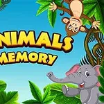 ジャングルを背景に、キリン、サル、ゾウのイラストと「ANIMALS MEMORY」の文字が描かれた画像。
