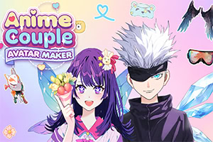 「Anime Couple Avatar Maker」の文字と、花飾りを付けた紫髪の少女と黒いアイマスクをした白髪の青年が並ぶ、パステル調のアニメ風バナー。