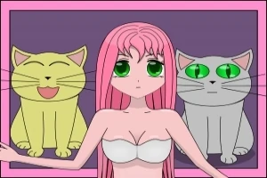 ピンクの髪の女性と2匹の猫、黄色と灰色、それぞれ笑顔と無表情で並んでいるイラスト。