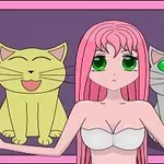 ピンクの髪の女性と2匹の猫、黄色と灰色、それぞれ笑顔と無表情で並んでいるイラスト。