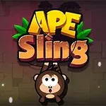 茶色の猿が驚いた表情で体を下げており、背景には「APE Sling」のカラフルな文字が描かれている。