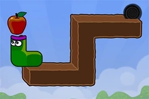 緑色のキャラクターがリンゴを頭に乗せ、茶色のブロック状の道を進んでいる。