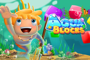 金髪の人魚のキャラクターが海中を泳いでいる様子と、色とりどりのブロック、そして「Aqua Blocks」というタイトルが描かれている。