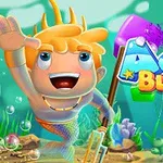 金髪の人魚のキャラクターが海中を泳いでいる様子と、色とりどりのブロック、そして「Aqua Blocks」というタイトルが描かれている。