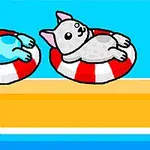 かわいいカートゥーン犬が二つの浮き輪に乗ってリラックスしているビーチのイラスト。