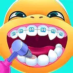 黄色いキャラクターが歯列矯正器具をつけ、ピンクの歯科用ドリルで歯を磨かれている様子。